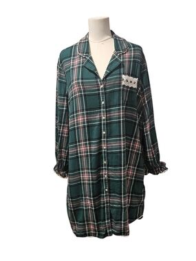 Eileen West Green Plaid Flannel Pajama Top with Red & White Stripes XL With Lace